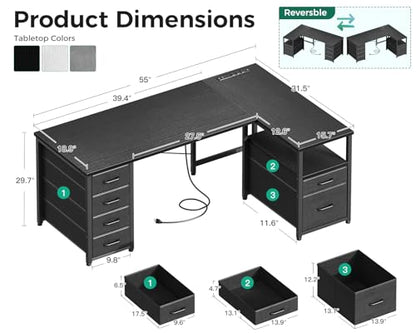Coleshome 55 Inch L Shaped Office Desk with 6 Drawers, Power Outlet, Black - color: Black, size: 55 Inch