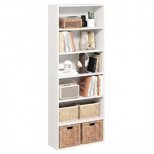 Furinno Jaya 6-Tier Book Shelf, Open Shelf Bookshelf, Bookcase, White | 9.5 x 24.6 x 63.3, Standing, for Organization and Storage, Home Office, Living Room, Bedroom - color: White, size: 6-Tier