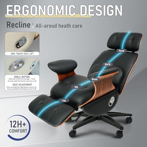 Ergonomic Leather Office Chair,Electric Recline/Footrest/Massage | 90-135° recline, footrest, 3-level massage, S-curve support, fits 5'3-6'1, solid wood, all-day comfort for home office,black - color: Black
