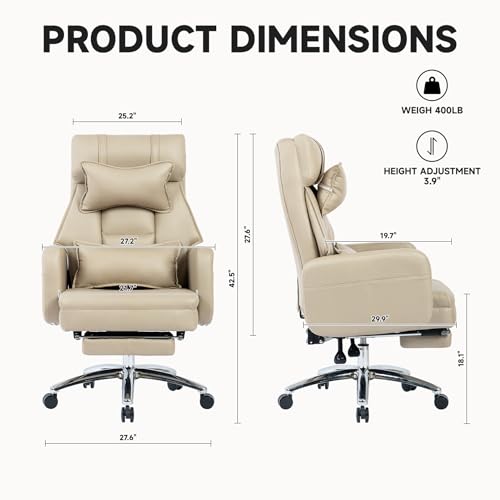 Executive Office Chair, Big and Tall Ergonomic Desk Chairs with Headrest & Footrest, Adjustable High-Back Recliner, Swivel Computer Chair w/Side Pockets, Lumbar Support for Home Office (Beige) - color: Beige
