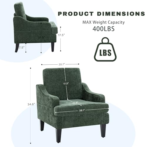 Set of 2 Accent Chair for Living Room,Mid-Century Arm Chair Chenille Fabric Living Room Chairs,Upholstered Reading Chair for Bedroom,Single Sofa Chair with Wood Legs for Apartment (Green) - color: Green