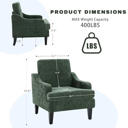Set of 2 Accent Chair for Living Room,Mid-Century Arm Chair Chenille Fabric Living Room Chairs,Upholstered Reading Chair for Bedroom,Single Sofa Chair with Wood Legs for Apartment (Green) - color: Green