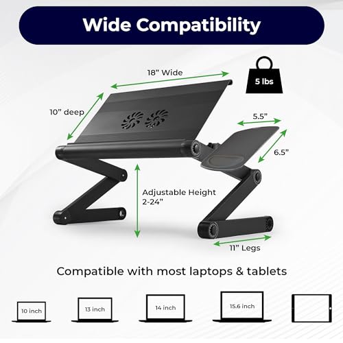 WorkEZ Cooling Adjustable Laptop Stand for Desk w/Fan USB Ports Mouse Pad Ergonomic Foldable Laptop Stand Riser Portable Computer Holder, Black | WorkEZ Cool laptop stand for desk, with adjustable height, tilt and a removable mouse pad. Also works in bed
