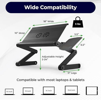 WorkEZ Cooling Adjustable Laptop Stand for Desk w/Fan USB Ports Mouse Pad Ergonomic Foldable Laptop Stand Riser Portable Computer Holder, Black | WorkEZ Cool laptop stand for desk, with adjustable height, tilt and a removable mouse pad. Also works in bed