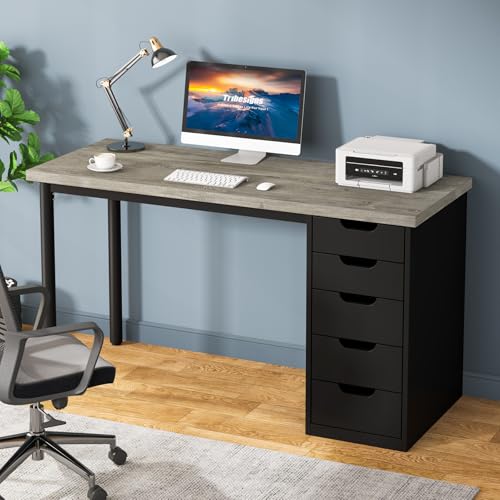 Tribesigns Computer Desk with 5 Drawers, 47 inches Rustic Brown Home Office Desk with Storage, Modern Simple Laptop Desk Study Writing Table for Small Spaces (1, Grey+Black) - color: Grey+black