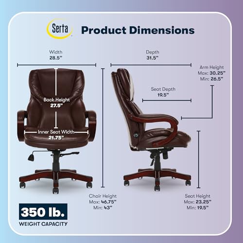 Serta Big & Tall Executive Office Chair with Lumbar Support, Leather Chair | Conway, Ergonomic 350lb Capacity Computer Chair, High Back Home Desk Gaming Chair, Adjustable Height & Tilt, Chestnut Brown - color: Chestnut Brown