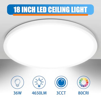 Allsmartlife Led Flush Mount Ceiling Light 2-Pack, 18 inch 36W 4650lm Dimmable Led Ceiling Light, 3000K/4000K/6500K, Round Led Light Fixture for Laundry Room, Hallway - color: White, size: 18inch 2-Pack