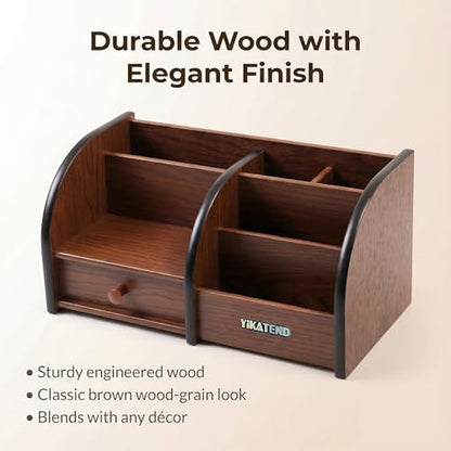 Wooden Desk Organizer with Drawer, Multi-Compartment Desktop Storage for Office Supplies, Remote Control, Phone, Makeup & Accessories