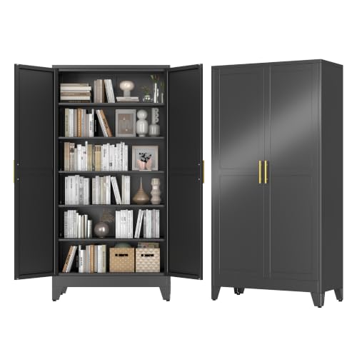 GAIOUS 79" Tall Kitchen Pantry Cabinet,Metal Storage Cabinet Black Cupboard | with 2 Doors and 5 Adjustable Shelves, Freestanding Cupboard, 6 Tier Steel Storage for Office Kitchen Dining Garage Hallways - color: Black, size: 17.7"D x 39.4"W x 78.7"H