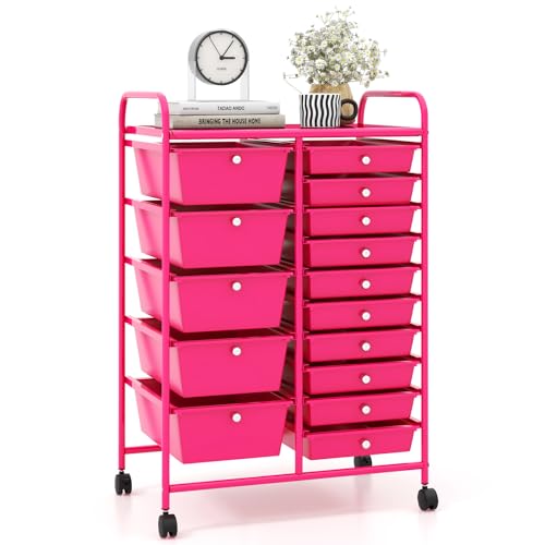 Giantex 15 Drawers Rolling Cart, Classroom Organizers, Storage Cart with Wheels, for Teacher Office Home School Supplies Tool Craft Art Paper - color: Hot Pink, size: 15 Drawers (5 Big +10 Small)