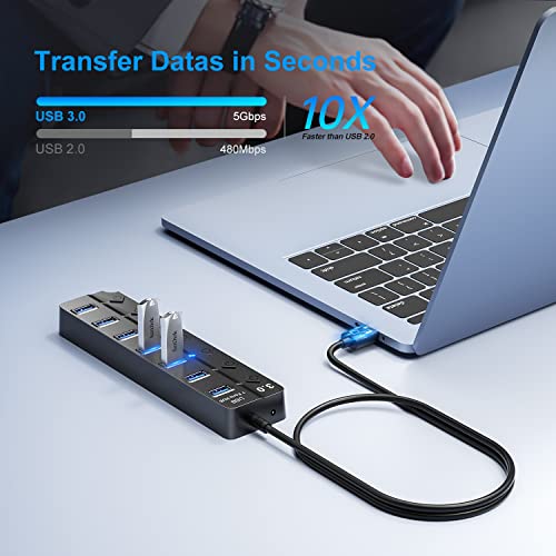 USB Hub 7 Port, USB Splitter with Individual On/Off Switches and Lights. - color: Black