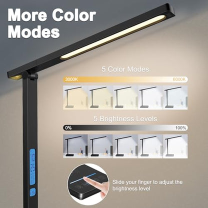 10 in 1 Smart Desk Lamp Led, Desk Light for Colleage Drom Room Office, Eye-Caring Table Lamp with Night Light, Lamp for Desk with 10W Wireless Charger, Dimmable Touch Lamp, Birthday Gifts for Women - color: Black-Pro