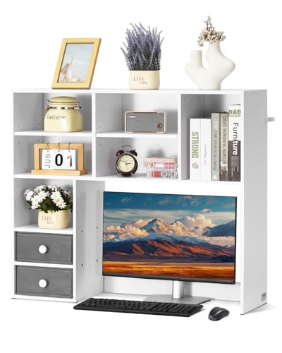 VEVOR Desktop Bookshelf, 3-Tier Desktop Storage Organizer, 37" x 10" x 31.1" Office Storage Rack Wood Display Shelf, Desktop Bookshelf Hutch with 2 Fabric Drawers, for Office, Home & Dorm, White - color: White, size: 3 Shelves