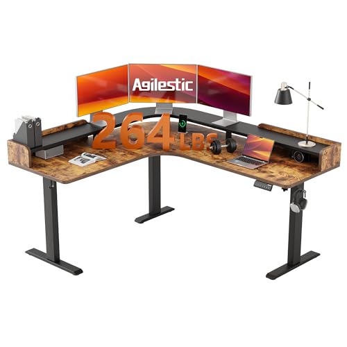 Agilestic L Shaped Standing Desk with Monitor Shelf, 63 Inch, Rustic Brown - color: Rustic Brown, size: 63 x 55 Inch with shelf