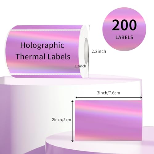 3x2 Inch Holographic Thermal Labels, Pink Thermal Sticker Labels, Rainbow Glitter Stickers for Price, Barcode, Mailing, Name, DIY Custom Logo Design, 200 Pcs/1 Roll - color: Holographic Pink, size: 2*3 inch