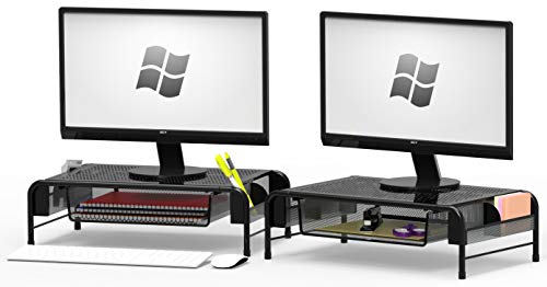 Simple Houseware Metal Desk Monitor Stand Riser w/ Drawer, 2-Pack, Black | Side Storage for Office Supplies