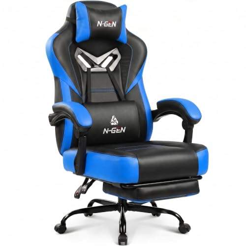 N-GEN GAMING Gaming Chair Big and Tall Computer Heavy Duty Office Desk Chair with Footrest Ergonomic Lumbar Support High Back Recliner for Adults (Blue) - color: Blue