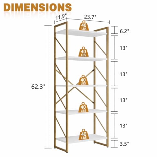5 Tiers Bookshelf, Classically Tall Bookcase, Industrial Book Rack - color: Golden & White