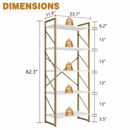5 Tiers Bookshelf, Classically Tall Bookcase, Industrial Book Rack - color: Golden & White