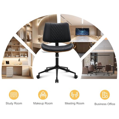 BV Small Desk Chair, Mid Century Office Chair with Bentwood Back, Armless Task Swivel Chair with Wheels, Mid Back No Arms, Faux Leather Office Chairs for Small Space, Black - color: Black, size: MCM Style
