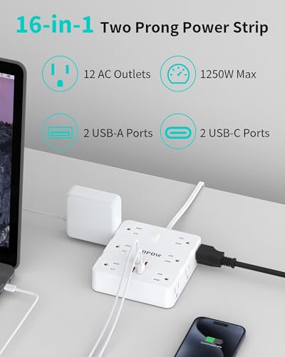 10FT Desktop Mount Charging Station with 4 Outlets 4 USB Ports (2 USB C), HOPOW 2 Prong to 3 Prong Outlet Adapter, 1700J Two Prong Surge Protector