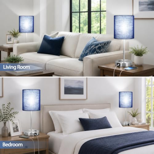 Set of 2 Touch Control Table Lamps with 2 USB & AC Outlet, 3-Way Dimmable Bedside Nightstand Lamps for Bedroom Living Room Nursery, 800 Lumens 5000K Daylight Bulbs Included - color: Navy Blue & Brushed Nickel