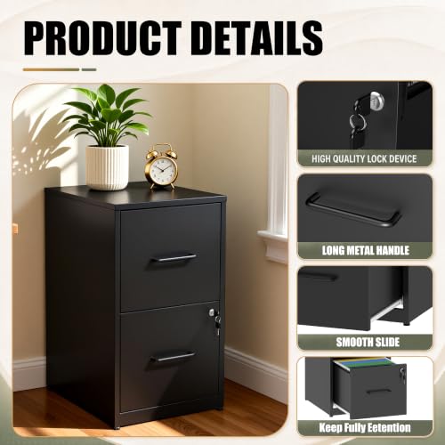 2 Drawer File Cabinet with Lock, 25.6" H Small File Cabinet - color: Black, size: 25.6"H - 2 Drawer