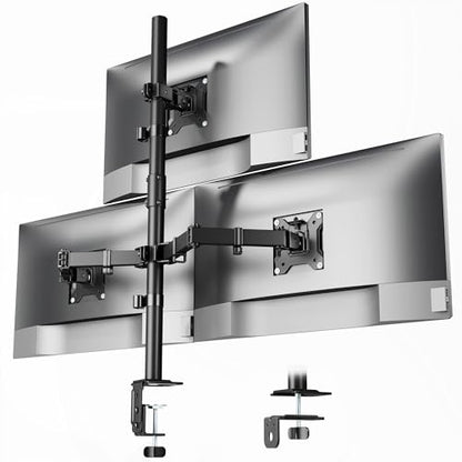 monTEK Triple Monitor Stand for 17-32" Screens, 22 lbs Each | Three-screen desk mount, height adjustment, tilt, swivel, rotation, clamp/grommet bases and VESA 75/100 - size: Triple Monitor