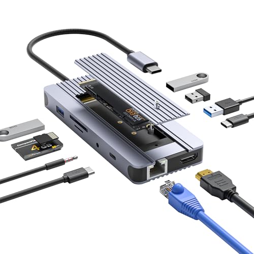 12-in-1 USB C Hub with M.2 SSD Enclosure – Expand Your Laptop with 4K/60Hz HDMI, 1Gbps Ethernet & Dual Storage (NVMe/SATA), USB 3.0/USB-C (5Gbps)–Works with MacBook Pro, Perfect for Multi-Tasking - size: 12 in 1 Support SATA & NVMe