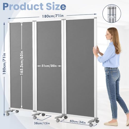 MAKELLO Partition Room Dividers 71"x71", Mobile Cubicle Wall, Gray Felt | 3 Panel Trifold Privacy Panel, Aluminum Frame, Sound Proof, Pinboard, Portable Temporary Wall for Office, Home, Classroom - color: Grey