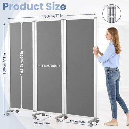 MAKELLO Partition Room Dividers 71"x71", Mobile Cubicle Wall, Gray Felt | 3 Panel Trifold Privacy Panel, Aluminum Frame, Sound Proof, Pinboard, Portable Temporary Wall for Office, Home, Classroom - color: Grey