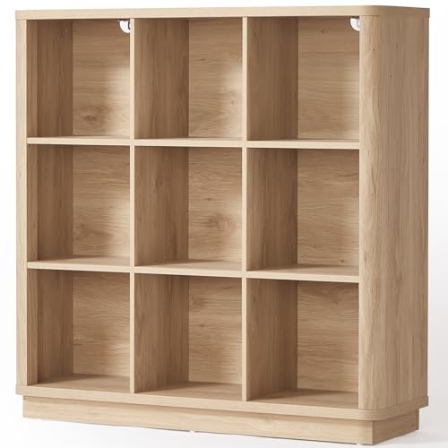 Joaxswe 9 Cube Storage Book Shelf, 41" Tall Organizer Bookshelf with Curved Edge, Modern Floor Standing 3-Tier Cubby Bookcase with Base, Wood Display Book Case for Living Room, Home Office,Natural Oak - color: Natural Oak, size: 9 Cube (11.81"D x 40.5"W x