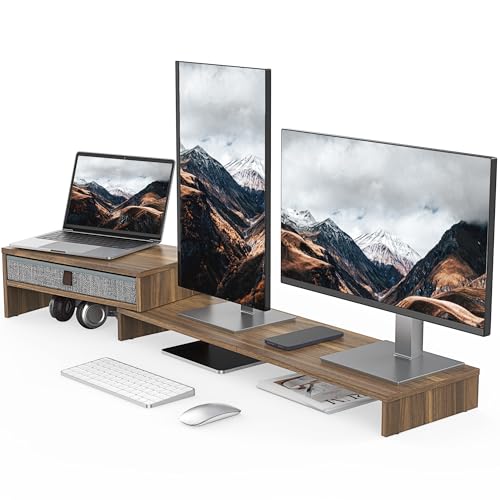 Fenge Triple Monitor Stand with Srorage Drawer, Adjustable Length and Angle | Computer Monitor Riser for 2 or 3 Monitors, Wooden Desktop Laptop Stand, Office Organizer for PC, Screen, Tablet, Brown - color: Brown
