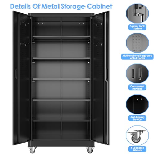 Aobabo Black Metal Garage Storage Cabinet with Wheels, 34"W x 18"D x 71"H - color: Black, size: 18"D x 34"W x 71"H