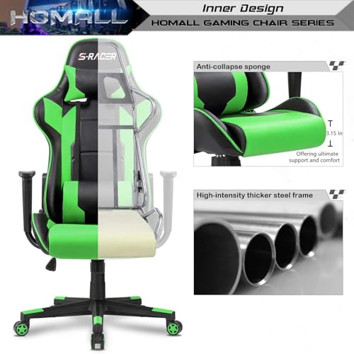 Homall Gaming Chair, Office Chair High Back Computer Chair Leather Desk Chair Racing Executive Ergonomic Adjustable Swivel Task Chair with Headrest and Lumbar Support (Green) - color: Green