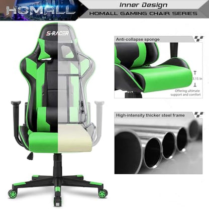 Homall Gaming Chair, Office Chair High Back Computer Chair Leather Desk Chair Racing Executive Ergonomic Adjustable Swivel Task Chair with Headrest and Lumbar Support (Green) - color: Green