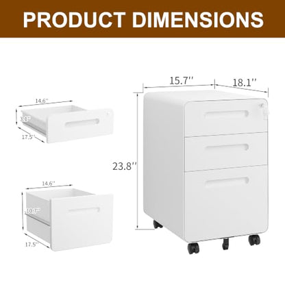 3 Drawer Mobile File Cabinet with Lock, 4 Keys and 25 Letter File Folders | Heavy-Duty Steel Rolling Filing Cabinet Pre-Assembled Under Desk for Home Office Letters/Legal/A4 Hanging File Folders - color: White, size: 23.8"H*15.7"W-3 Drawers(25 letter fold