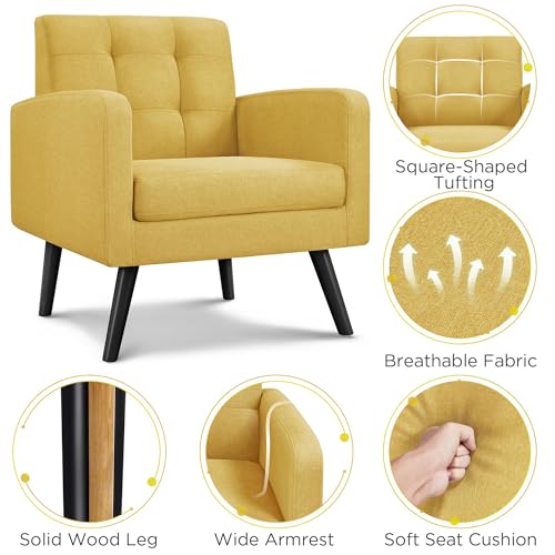 Yaheetech Mid Century Accent Chairs Set of 2 Living Room Chairs Yellow | Linen-Like Upholstered Sillones Para Sala, Modern Reading Nook Chairs, Button Tufted Back, Rubberwood Legs, Bedroom Office - color: Yellow, size: set of 2