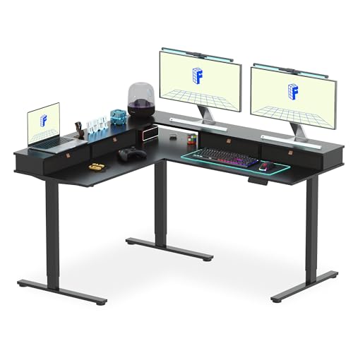 FLEXISPOT Reversible L-Shaped Corner Standing Desk with Monitor Shelf | 63x55", Black, 4 Storage Drawers, Height Adjustable, Anti-Collision, Memory Presets, Sit Stand Desk for Home Office & Gaming - size: 63x55"丨Black