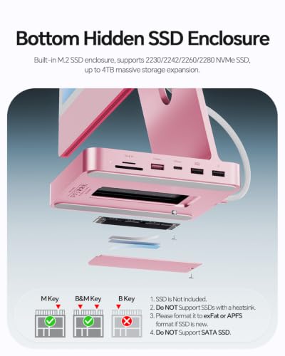 11-in-1 USB C Hub for iMac 24" M1/M3/M4 with M.2 NVMe 4TB SSD Enclosure | PULWTOP Alloy iMac Hub with HDMI 4K@60Hz, 2.5G Ethernet, 5 USB A/C 10Gbps, SD/TF, iMac M4 Dock for iMac 24" 2021-2024, Pink - color: iMac Dock- Pink