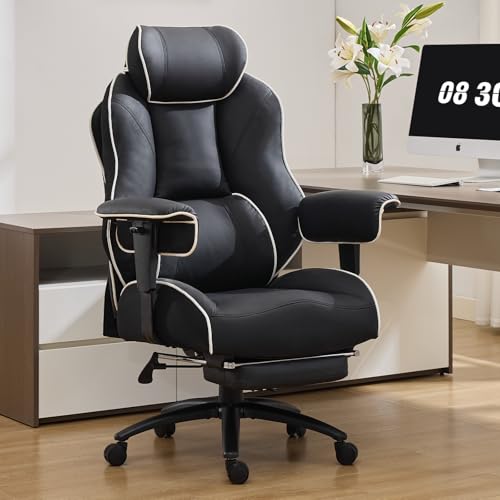 DJWang Big and Tall Office Chair with Foot Rest, High Back Executive Office Chair, PU Leather Ergonomic Chair with Lumbar Support, 135 Reclining Chair with Thickened Spring Cushion, Black - color: Black