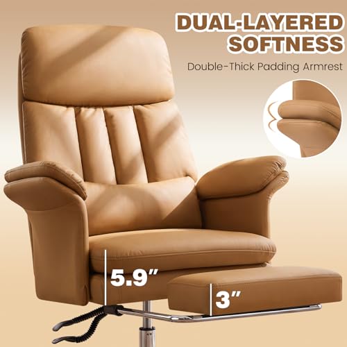 Executive Leather Office Chair with Footrest - High Back Ergonomic Desk Chair, Comfortable Lumbar Support, Soft Armrests, Adjustable Height Rocking Swivel Task Chair, Brown - color: Brown