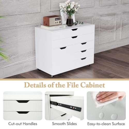 MAT EXPERT 5-Drawer Mobile File Cabinet w/Door, Lateral Filing Cabinet w/5 Universal Wheels, Rolling File Cabinets with Storage, Modern Wood Printer Stand for Home Office, Living Room, Study (White) - color: White