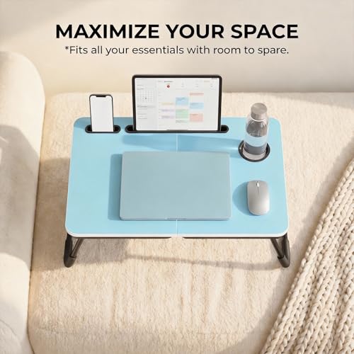 BUYIFY 23.4" Foldable Lap Desk Bed Table with Cup Holder Tray Blue - color: Blue