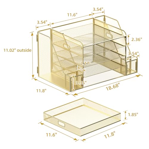 SUPEASY Mesh Desk Organizer with File Holder, 5-Tier Paper Letter Tray Organizer with Magazine Holder, Desktop Organizer and Storage with Drawer for Office Supplies Home or School (Golden) | Two side magazine holders and a bottom drawer store papers, fold
