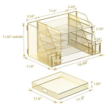 SUPEASY Mesh Desk Organizer with File Holder, 5-Tier Paper Letter Tray Organizer with Magazine Holder, Desktop Organizer and Storage with Drawer for Office Supplies Home or School (Golden) | Two side magazine holders and a bottom drawer store papers, fold