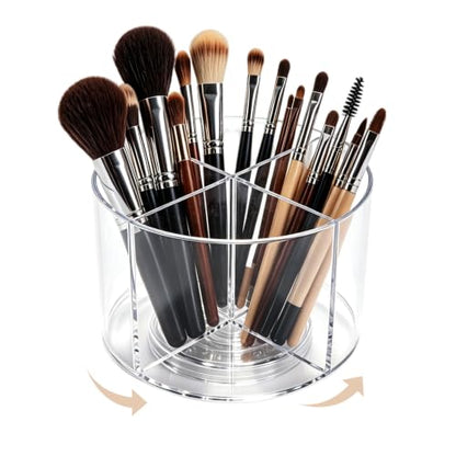 Acrylic Makeup Brush Holder, Clear Rotating Makeup Brush Holder Organizer, Make up Brush Stand with 4 Slots for Vanity Desk Countertop - size: Round-6in