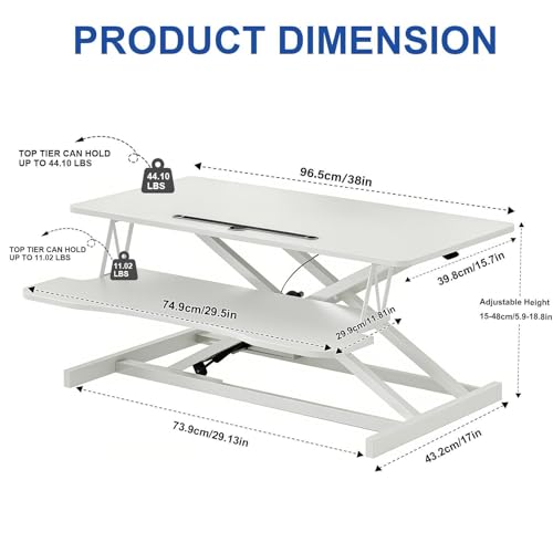 38-inch Standing Desk Converter Height Adjustable Sit to Stand Up Workstation, Duals Monitor and Laptop Riser with Wide Keyboard Tray, for Home, School, Company, White - color: White