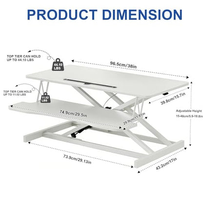38-inch Standing Desk Converter Height Adjustable Sit to Stand Up Workstation, Duals Monitor and Laptop Riser with Wide Keyboard Tray, for Home, School, Company, White - color: White
