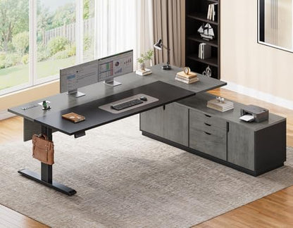SEDETA 71" Executive Large L Shaped Electric Standing Desk, Grey | Height Adjustable Executive Desk with 3 Drawers and Cabinet,Sit Stand Up Home Office Desk with Power Outlets & Side Hook - color: Grey